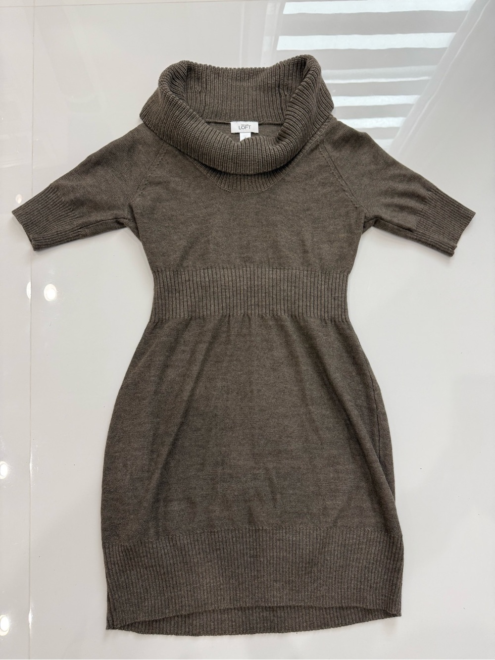 LOFT Taupe Cowl Neck Short-Sleeve Sweater Dress